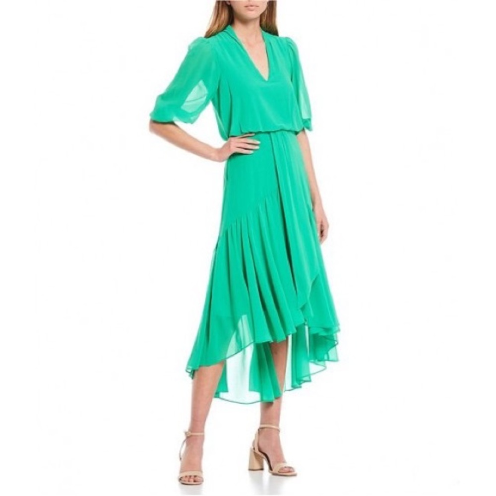 Crepe Chiffon High-Low Ruffle Hem Midi Dress Kelly green sz 12 NWT